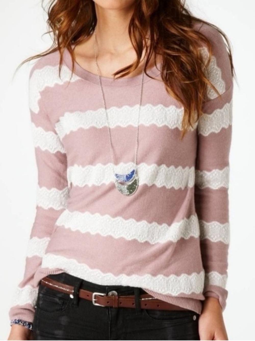 American Eagle Outfitters Lace Stripes Long Sleeve Top in Dusty Rose and White